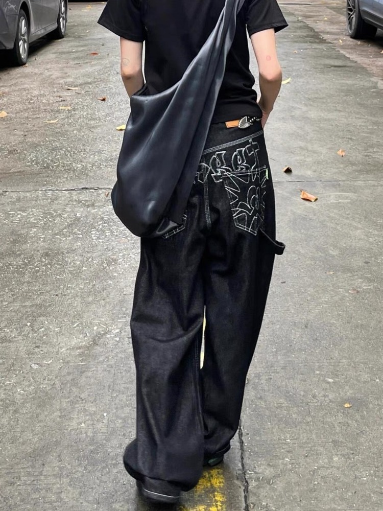HOUZHOU ヴィンテージ刺繍黒ジーンズ女性特大ストリートグランジ Y2k だぶだぶのデニムパンツボーイフレンドジーンズヒップホップゴシック