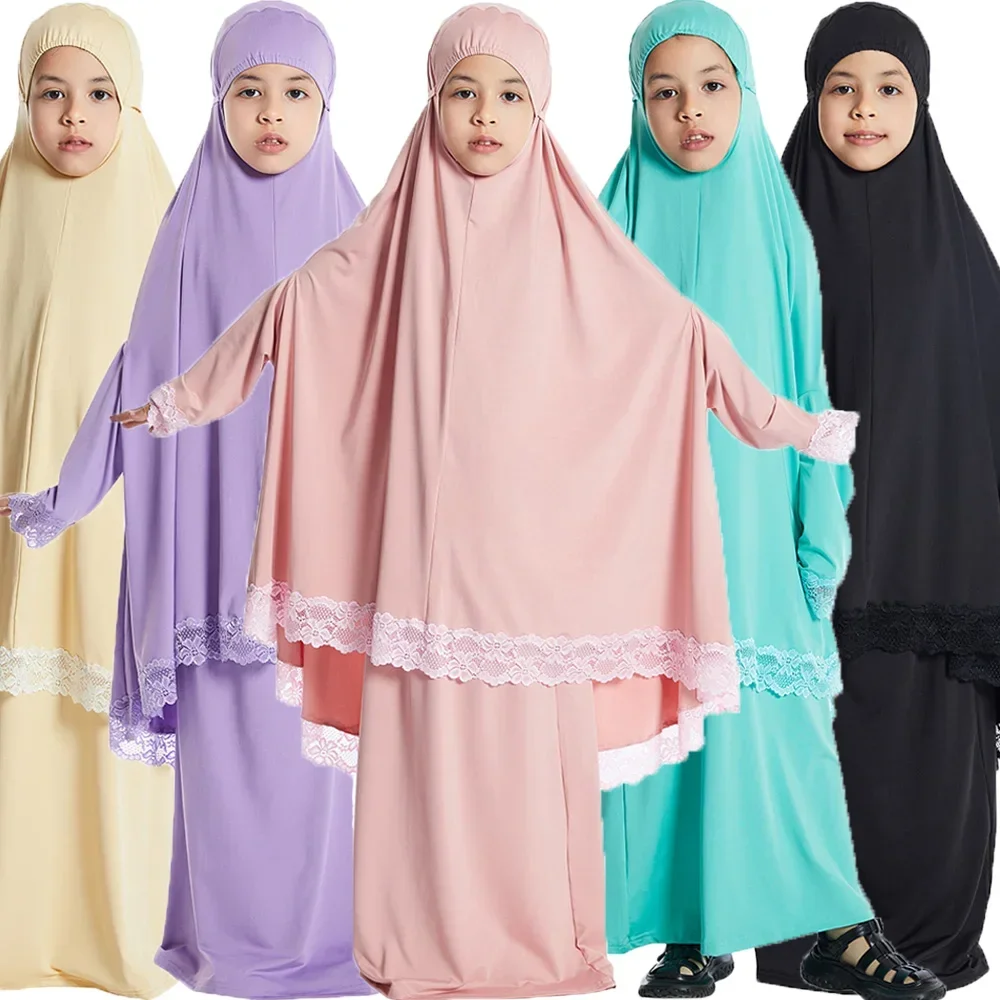 Muçulmano crianças meninas hijab vestido ramadan khimar saias define sobrecarga eid oração vestuário burqa abaya robe kaftan vestidos com capuz