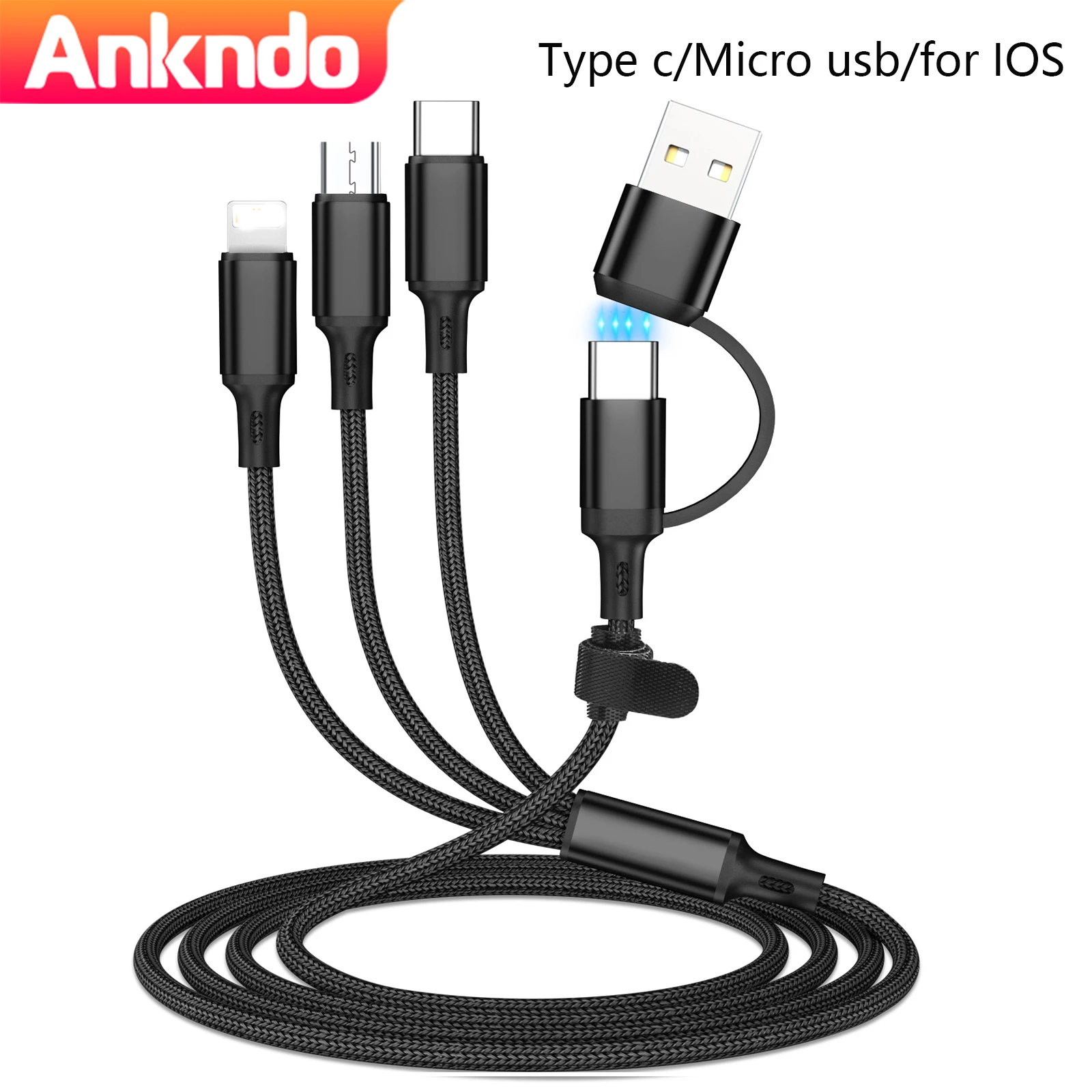 ANKNDO Cable de carga rápida 3 en 1 para Cable cargador Micro USB tipo C Cable de carga USB múltiple con puerto USB múltiple de 1,2 m