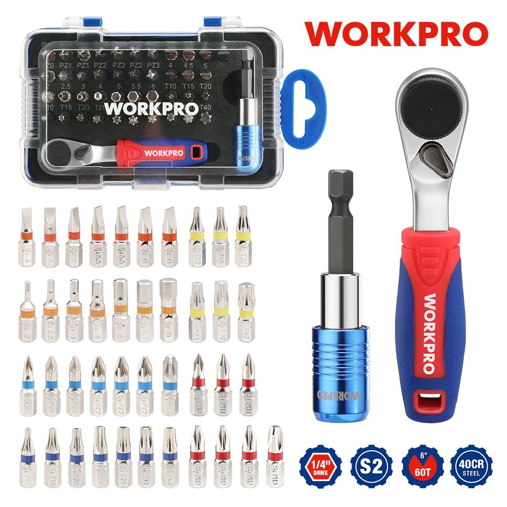 WORKPRO-Mini llave de trinquete de 1/4 "y juego de puntas de destornillador de 41 Uds., herramienta de reparación de mango de llave de trinquete de liberación rápida de torsión hexagonal