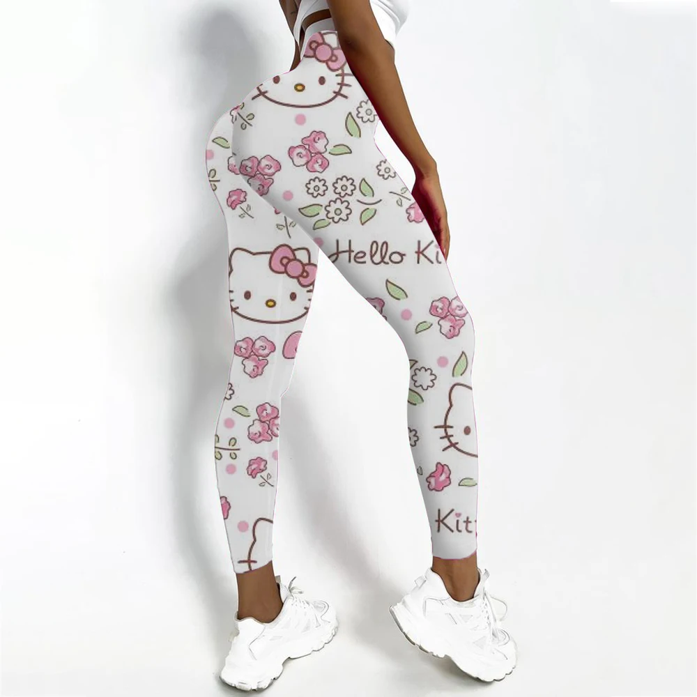 เลกกิ้งกีฬาและฟิตเนสสําหรับผู้หญิงพร้อมการยืดพิมพ์ลาย Hello Kitty และกางเกงโยคะเซ็กซี่สําหรับฝึกซ้อม วิ่ง ยิม แห้งเร็ว