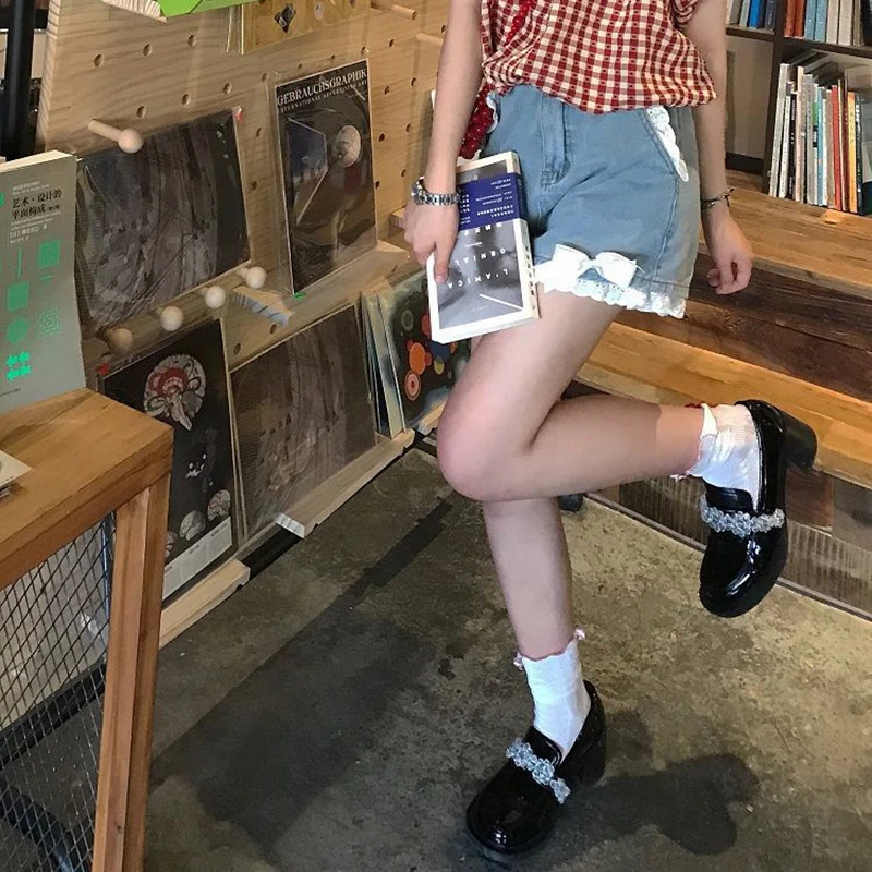 かわいい弓デニムショーツ女性日本レースパッチワークだぶだぶのジーンズショーツ夏 Y2K 原宿ハイウエストワイドレッグショートパンツ新