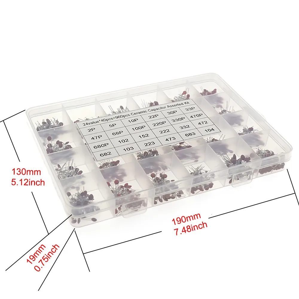 960 unids/lote Kit surtido de condensadores cerámicos 2PF-0.1UF 50V juego de condensadores cerámicos 24 valores * 40 Uds condensadores electrónicos diy 20%
