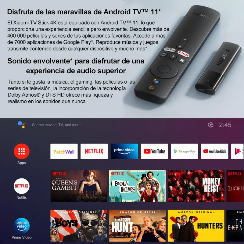 Xiaomi Smart TV Stick 4K, Android TV 11 Quad-Core Cortex-A35, 2 GB RAM 8 GB ROM, Netflix Wifi Google Assistant TV Stick, TV-Dongle