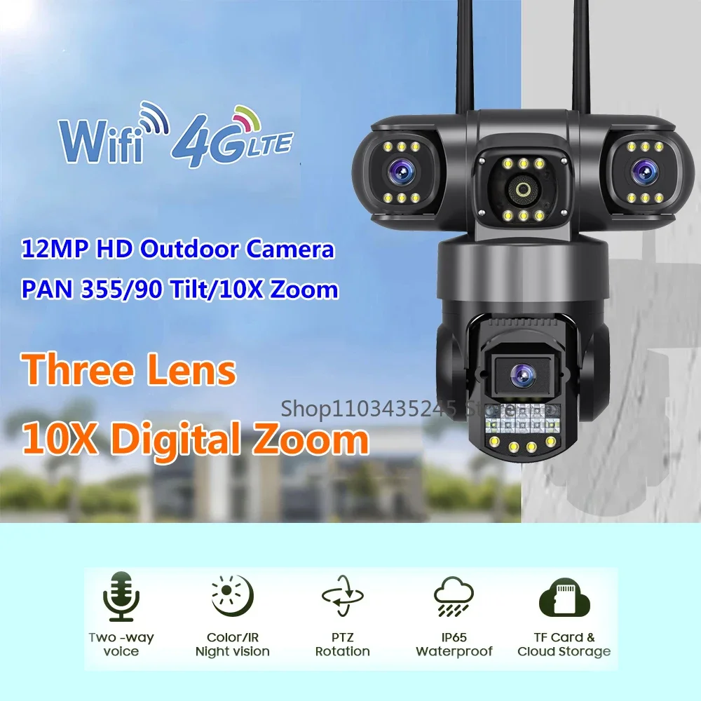 3 obiektyw wideo kamera monitorująca sieć Wifi kamera telewizji przemysłowej 4G karta SIM bezprzewodowa 360 monitora zewnętrzna wodoodporna kamery bezpieczeństwa