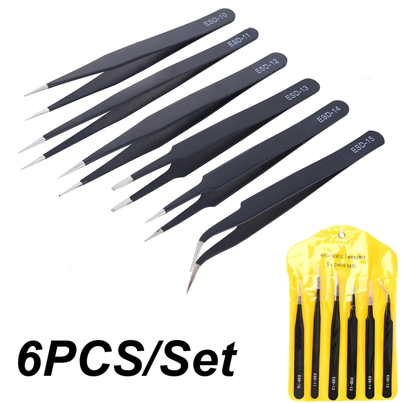 6PCS ESD Anti-Static แหนบสแตนเลส Precision Maintenance อุตสาหกรรมซ่อมโค้งบ้านทํางานมือโทรศัพท์นาฬิกาเครื่องมือ