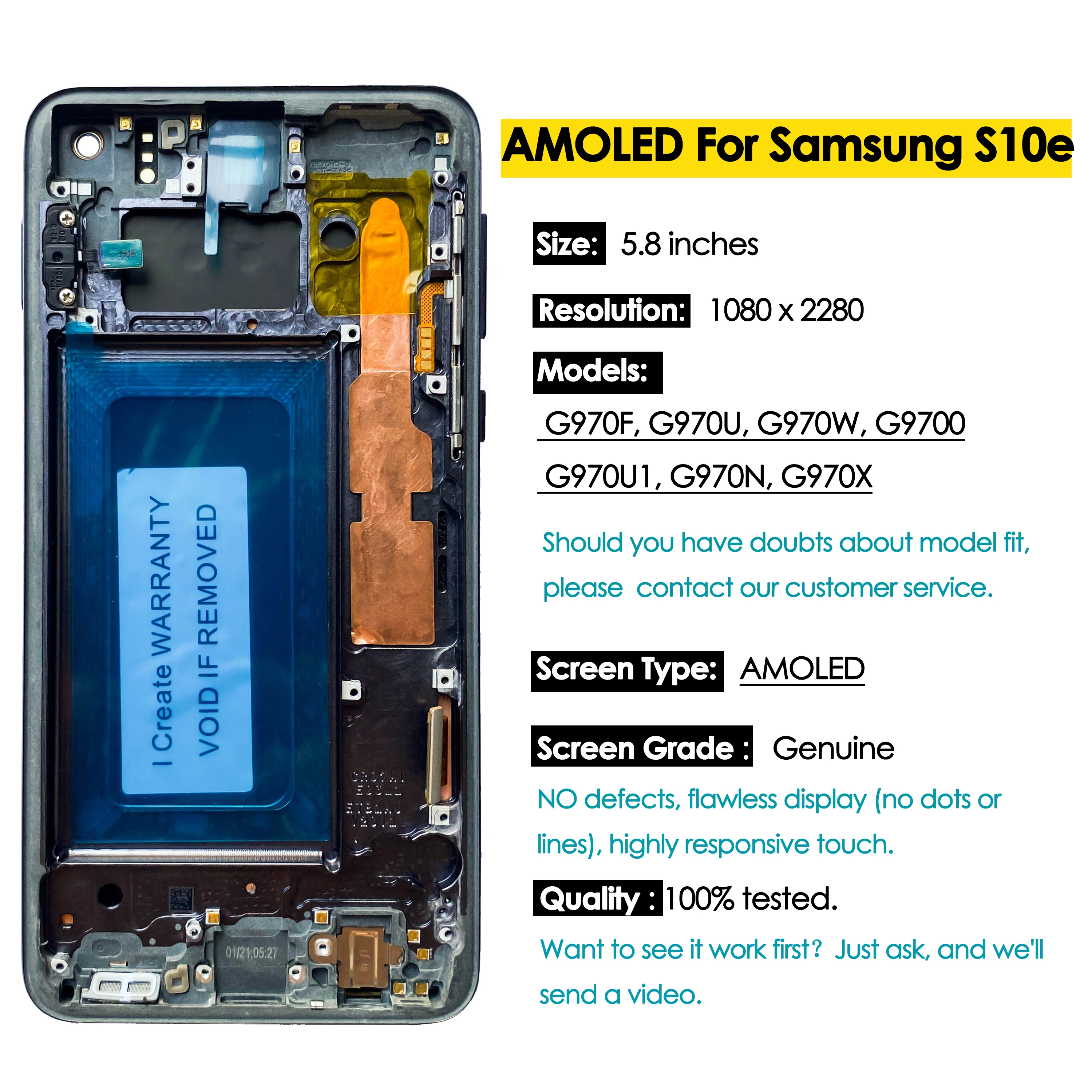 OEM AMOLED สําหรับ Samsung Galaxy S10e G970FU G970F, G970U, จอแสดงผล LCD Touch Screen Digitizer Assembly Replacement Repair