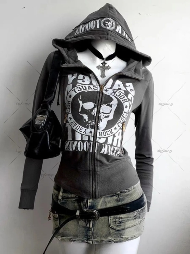 Y2K Harajuku modna marka Streetwear kurtka amerykańska moda retro futrzany kołnierz bluza z kapturem na zamek kobiety Casual bluza oversize