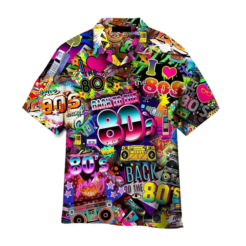 Camicie hawaiane con musica colorata stampata in 3D per uomo Cool anni '80 Modelli Camicetta Vacanza estiva Maniche corte Top Camicie Aloha larghe