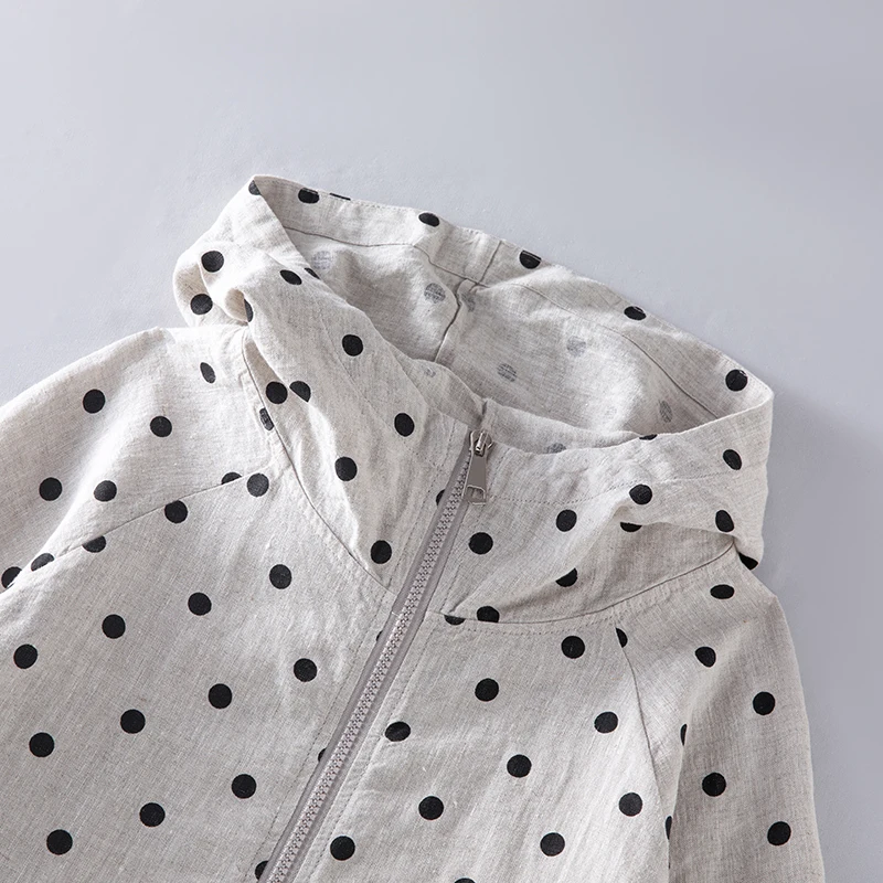 Jaet solto de algodão e linho com estampa de bolinhas com capuz e zíper primavera verão feminino ort outerwear confortável respirável