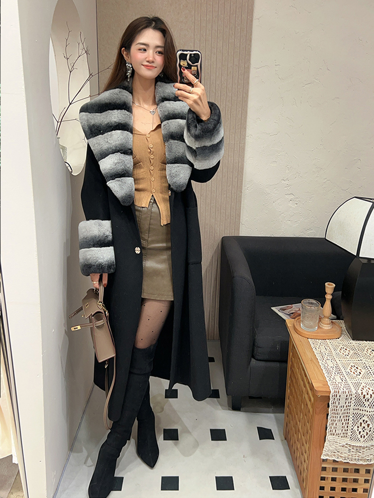Winter Real Fur Jacket Women Long Cashmere Wool Woolen Coat Ladies Natural Rex Rabbit Fur Collar  Luxury Thick Female Outerwear