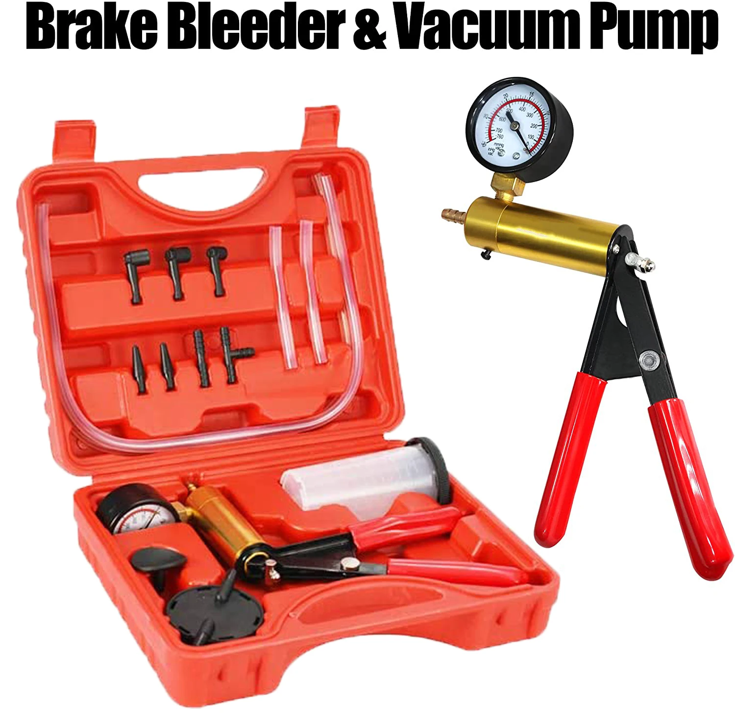 Kit de purga de frenos 2 en 1, juego de prueba de bomba de vacío manual para automoción con estuche protegido, sistema de purga de embrague de freno de un solo hombre