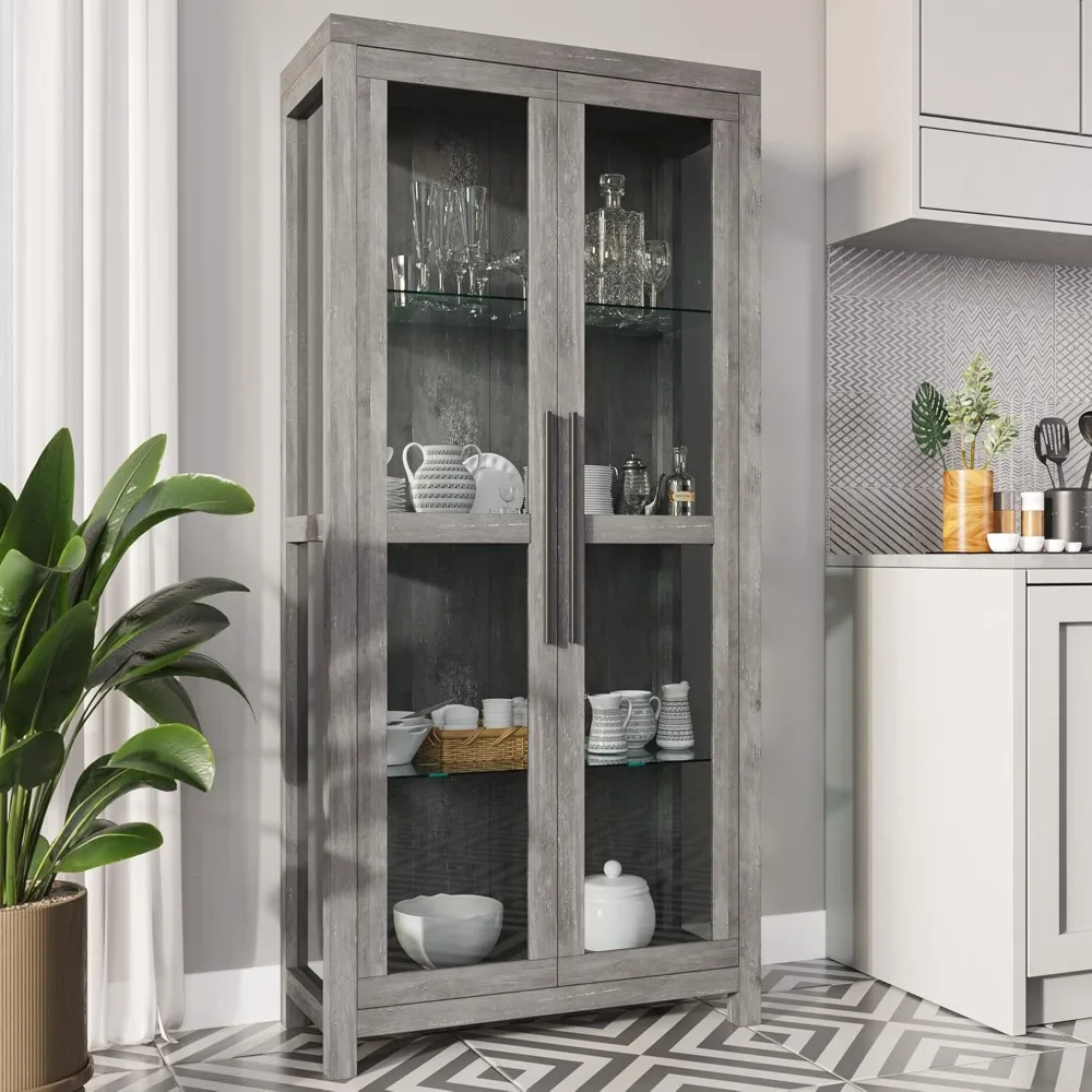 Glass Display Cabinet, Tall Curio Cabinet with Tempered Glass Doors for Living Room, Trophy Display Case - Avalon (Gray Wash)