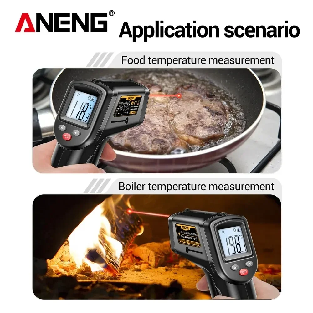 ANENG TH201 เครื่องวัดอุณหภูมิดิจิตอลมือถือเครื่องวัดอุณหภูมิเลเซอร์แบบไม่สัมผัสปืนเครื่องวัดอุณหภูมิเครื่องมือ Pyrometer