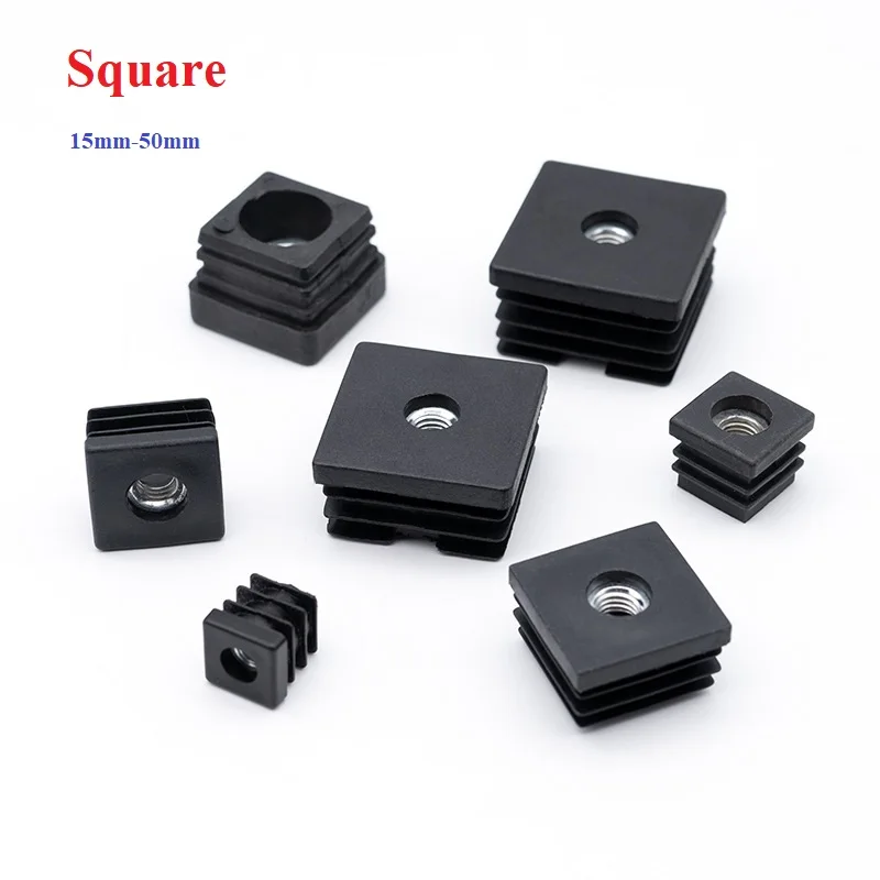 15-50mmTuerca cuadrada agujero enchufe deslizamiento nivelación almohadilla de pie muebles de plástico negro mesa ajustable silla pies tubo enchufe interiorM6 M8 M10