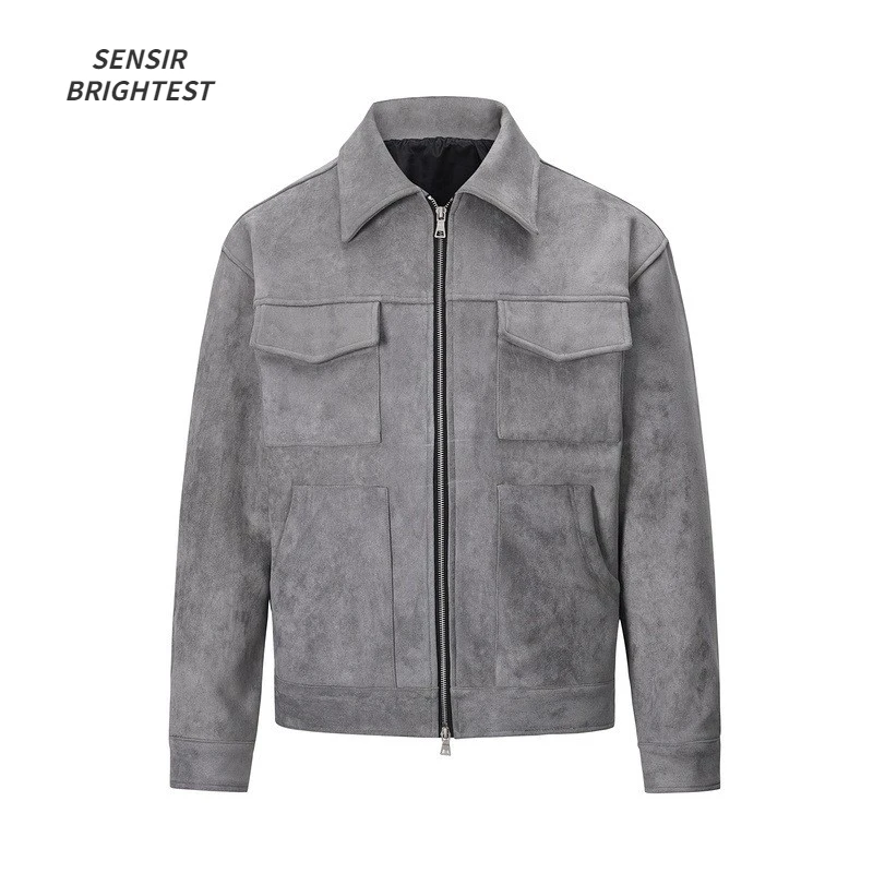 Casaco de camurça grosso masculino, jaquetas soltas, grandes, roupas casuais, bolsos de rua, zíper laper, outono