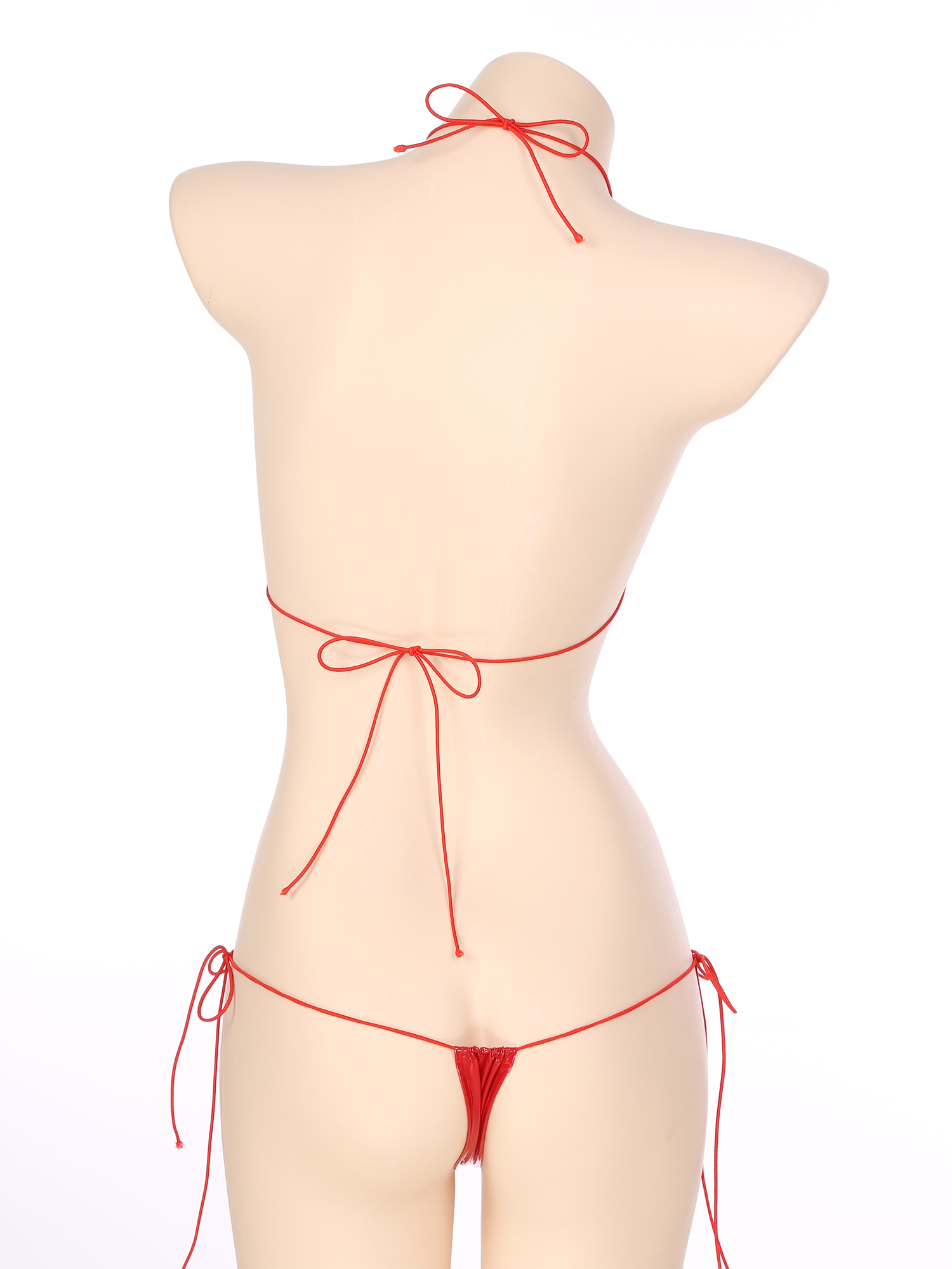 Damen-Micro-Bikini-Set, Wet-Look, Lackleder, zweiteiliger Dessous-Anzug, Neckholder-Schnür-BH mit tief sitzendem G-String