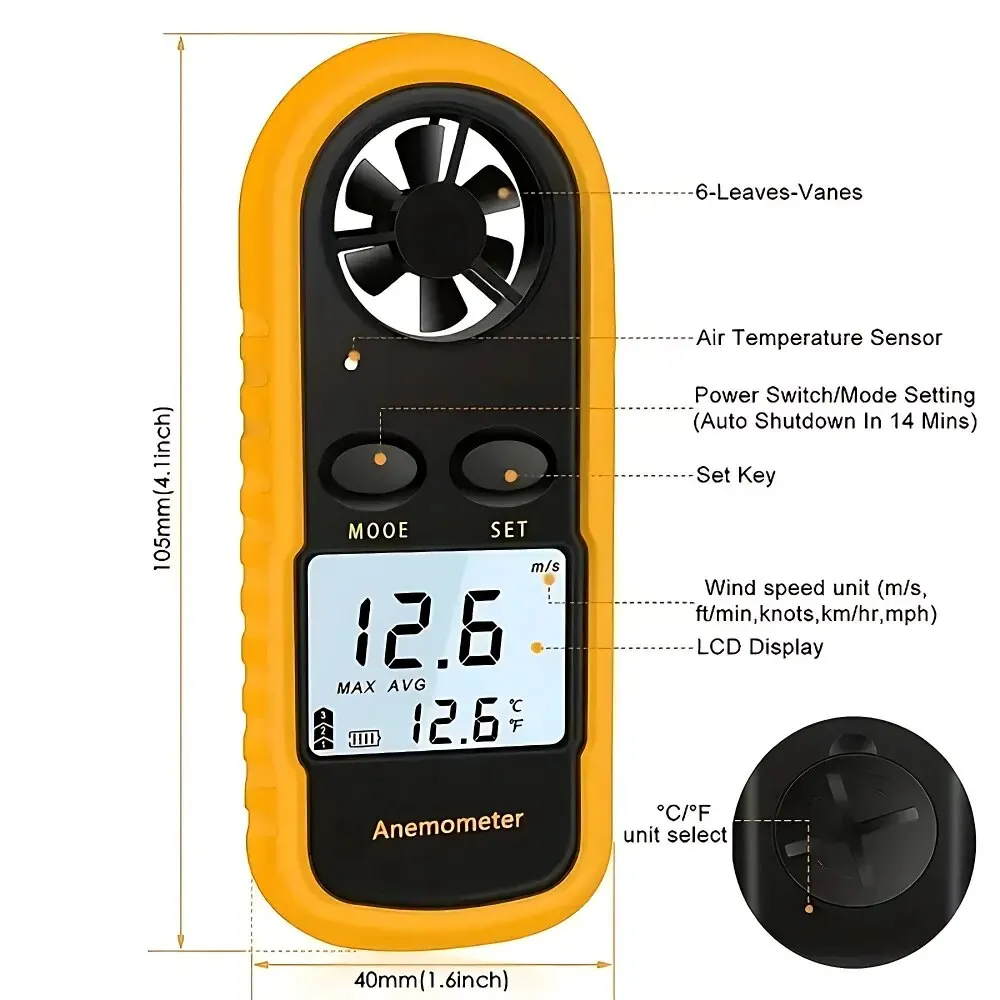 Digitale Anemometer-Taschen-Smart-Anemometer-Luftwind geschwindigkeit skala misst Wind geschwindigkeit und Temperatur genau