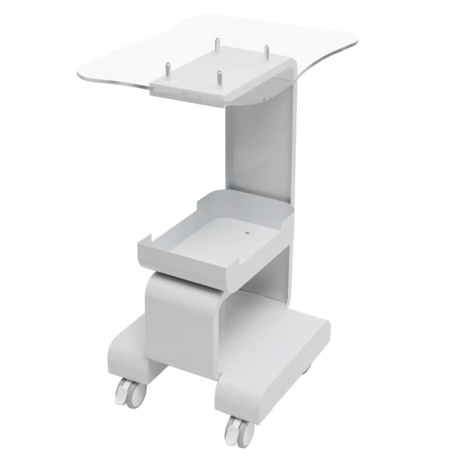 Carrello per salone cosmetico Carrello per posizionamento attrezzature per salone di bellezza Tavolo per attrezzature mobile con pannello in vetro, cestino portaoggetti, bianco