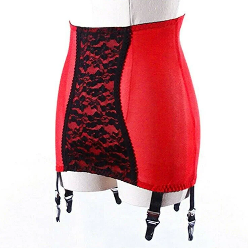 Faja Vintage roja, liguero de encaje de talla grande para mujer, liguero negro Sexy con 6 correas, Clip de Metal para medias, lencería
