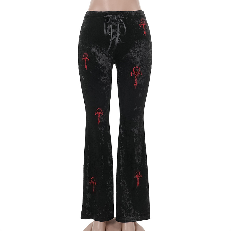 Pantalones góticos de terciopelo oscuro acampanados de cintura alta, moda Harajuku, pantalones largos suaves con bordado cruzado, pantalones ajustados góticos para centro comercial de otoño para mujer