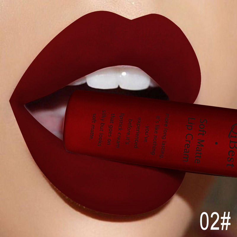 QIBEST-brillo de labios mate de terciopelo para mujer, lápiz labial líquido, belleza, rojo, desnudo, resistente al agua, maquillaje de manchas de labios de larga duración