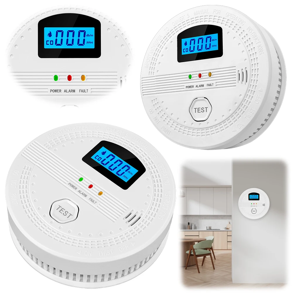 2-in-1 CO and Smoke Detector LCD Digital Display Carbon Monoxide Detector Sound Warning & LED Portable Fire Co Alarm