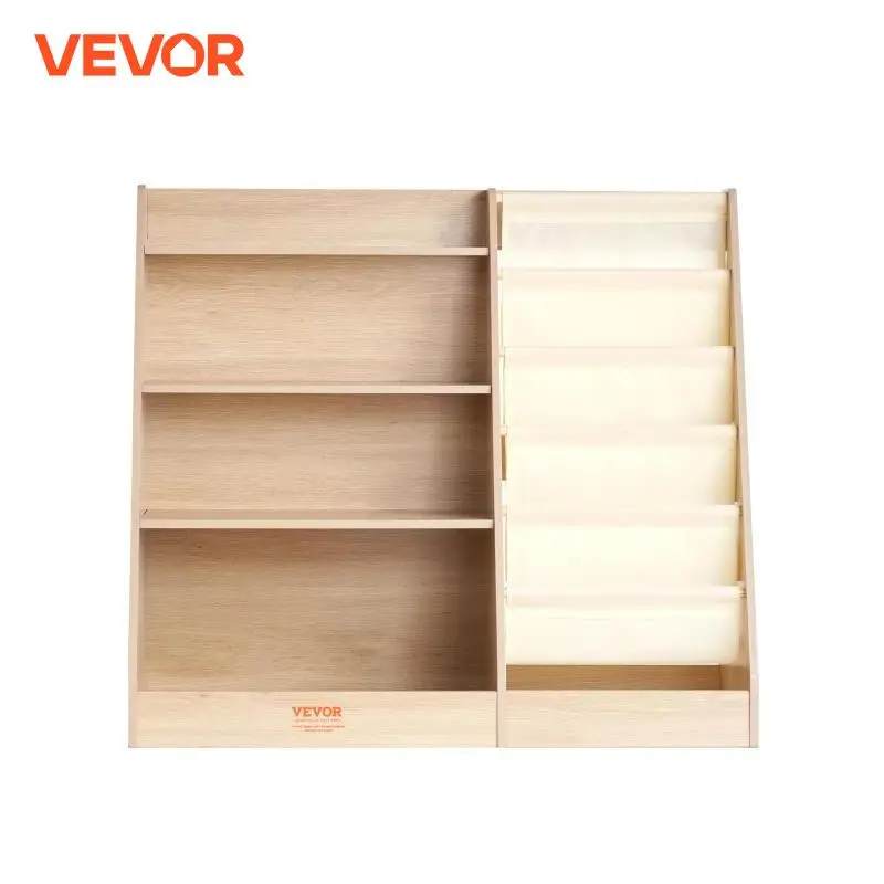 SucceBuy 4-Tier Kids Wooden Bookshelf 6-Layer Sling Bookcase Baby Storage Book Rack for Kids Room Playroom Kindergarten Nursery