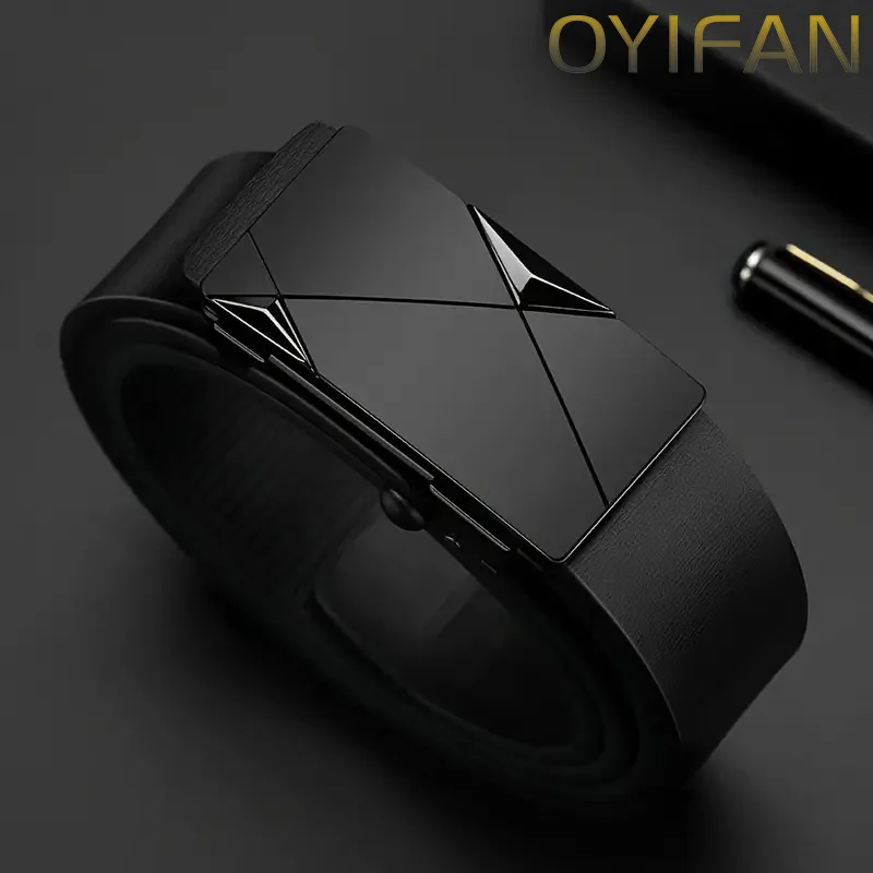 OYIFAN-Cinturón de cuero genuino para hombre, cinturón de trinquete con hebilla automática, ajuste aleatorio