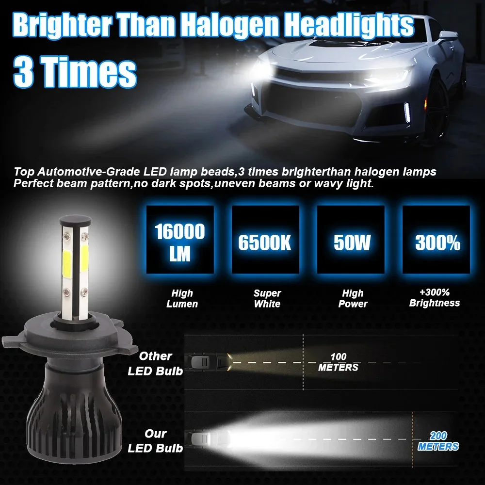 2PCS 4 ด้าน LED ไฟหน้าสําหรับรถยนต์ H11 H4 H7 9005 9006 9012 H3 H1 H8 H9 6500K หลอดไฟสีขาวไฟหน้าอัตโนมัติ 12V สี่ใบหน้าส่องสว่าง