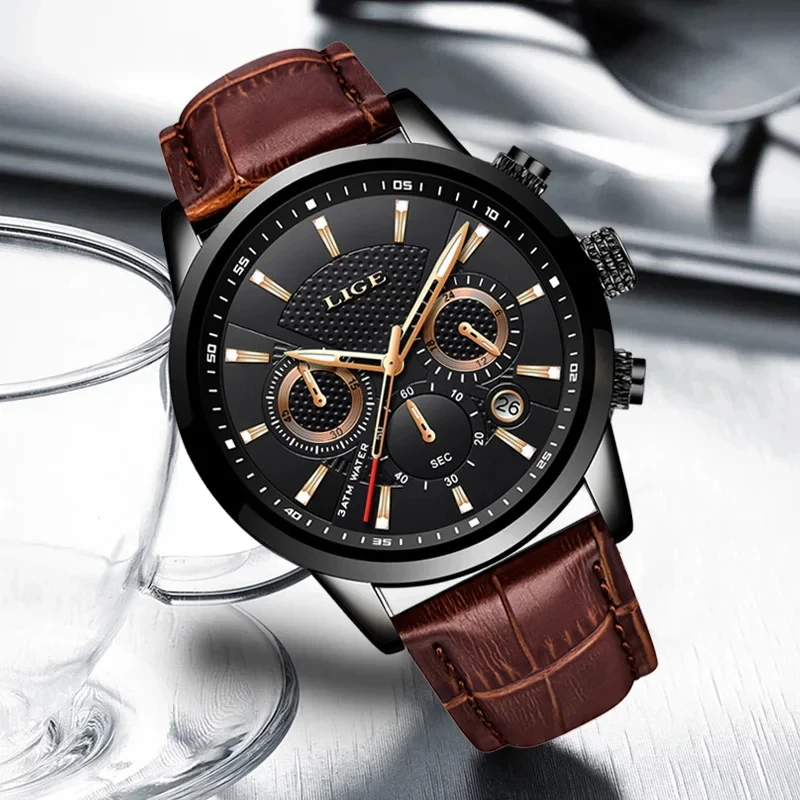 LIGE hommes montres de luxe étanche militaire Sport homme montre chronographe en cuir véritable hommes Quartz montre-bracelet Relogio Masculino