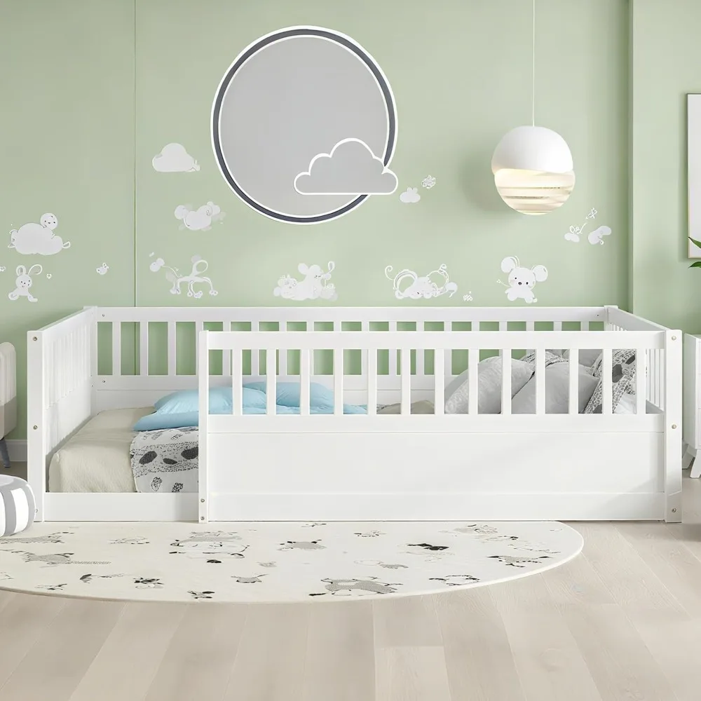 Full Size Floor Bed Frame with 19.6" High Fence, Solid Wood Low Platform Floor Bed Full for Kids, No Box Spring Needed
