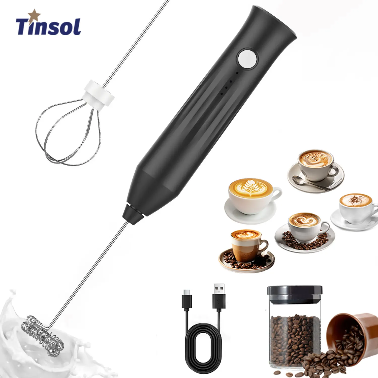 TINSOL Mini Elektryczny Spieniacz do Mleka Bezprzewodowy Spieniacz USB Akumulatorowy Mieszadło do Kawy Elektryczny Mikser Ręczny, Ubijaczka do Jajek