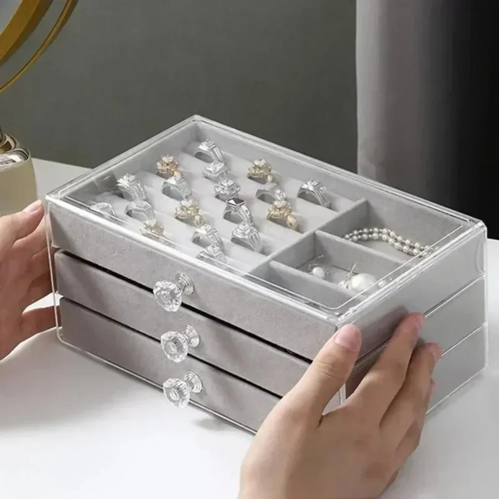 อะคริลิคกํามะหยี่เครื่องประดับ 3 ลิ้นชัก STACKABLE จัดเก็บต่างหูสร้อยคอสร้อยข้อมือกล่องสําหรับสตรี