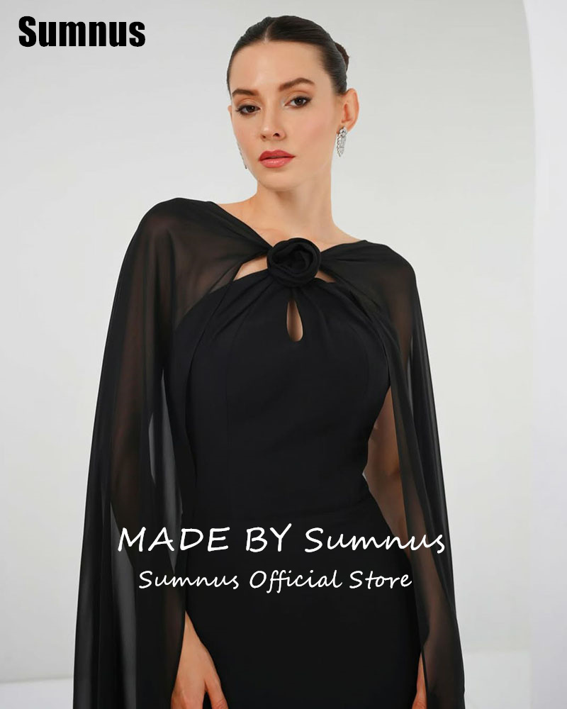 SUMNUS สีดํา Mermaid PROM Dress Elegant ดอกไม้ Cape PARTY Dresses ยาวแขนกุด Gowns อย่างเป็นทางการผู้หญิง 2025 ที่กําหนดเอง