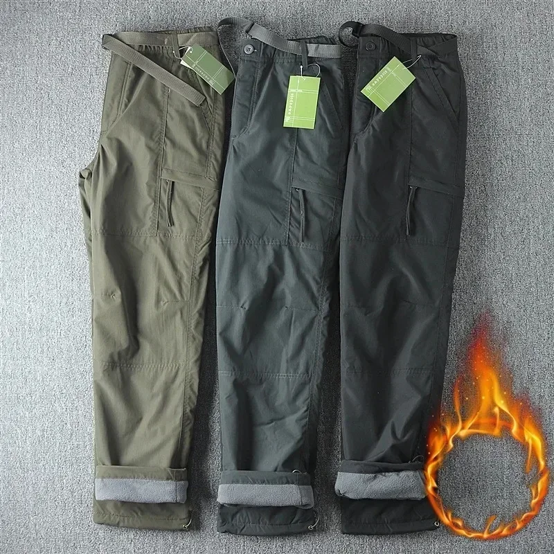 S-6XL calças de ferramentas grossas calças de carga de lã impermeável das mulheres dos homens inverno ao ar livre multi-bolsos soltos calças gerais retas