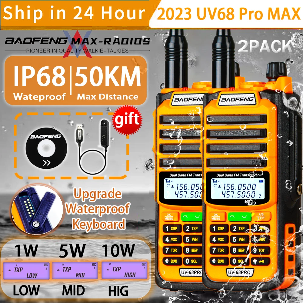 Baofeng-walkie-talkie UV-68 PRO MAX, mayor capacidad, alta potencia, IP68, resistente al agua, distancia de largo alcance, banda Dual, actualización de tipo C, UV9R