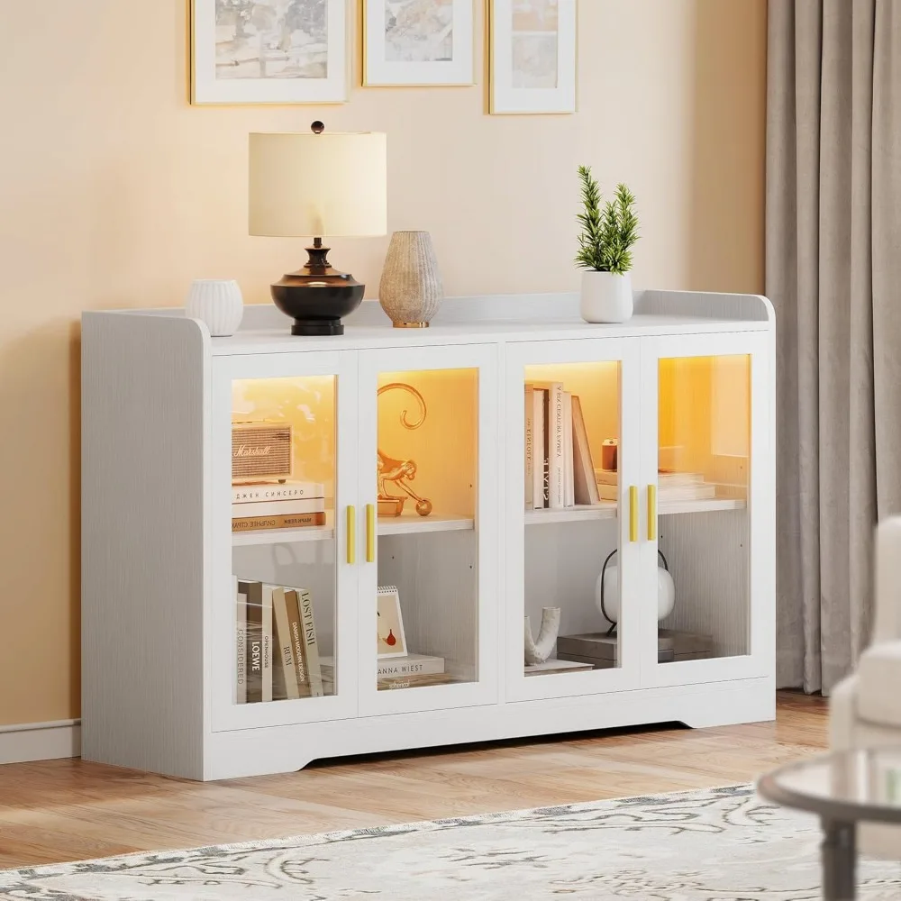 Home Bar Cabinet w/LED Light,  55'' Liquor Cabinet with 4 Doors,  Coffee Bar Cabinet with Adjustable Shelves