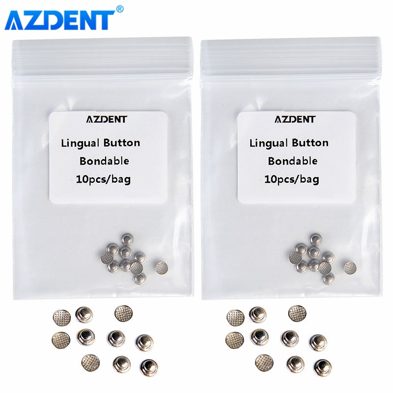 10 paquetes de botones linguales de ortodoncia Dental AZDENT monobloque MIM fondo de malla redonda Metal adhesivo 10 unids/pack hebilla lateral de lengua