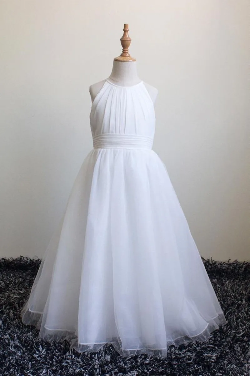 Robe de demoiselle d'honneur en mousseline de soie ivoire simple, licou en filet, robe de Rhjunior, fête d'invité de mariage