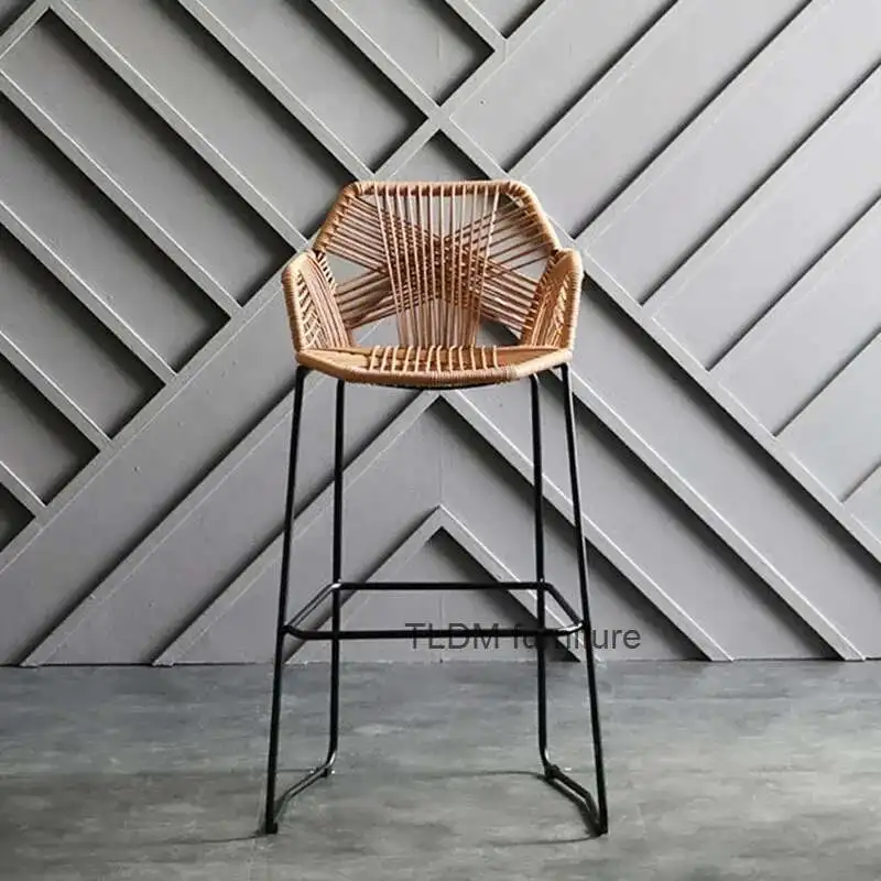Modern Wrought Iron Bar Chairs High Stools for Kitchen Nordic Bar Furniture PP Rattan Back Home Cafe Outdoor Restaurant Armchair