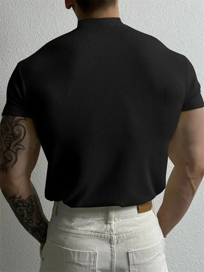 Primavera verão elástico confortável camiseta masculina pequena gola alta listra camisa de manga curta fitness topos esportes casual camiseta