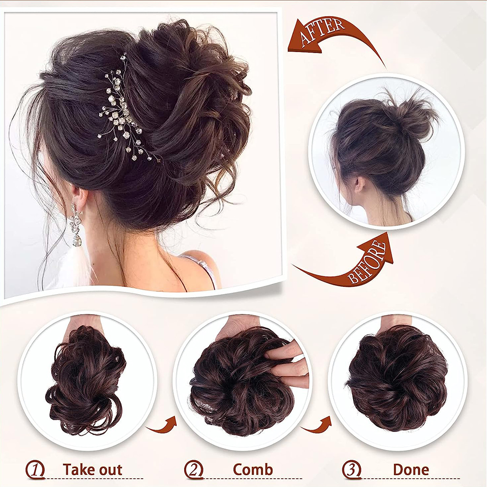 6-Zoll-Kunsthaar-Dutt-Extensions, unordentliche lockige elastische Haargummis, Haarteile, Chignon, Donut, Hochsteckfrisur, Haarteile für Frauen