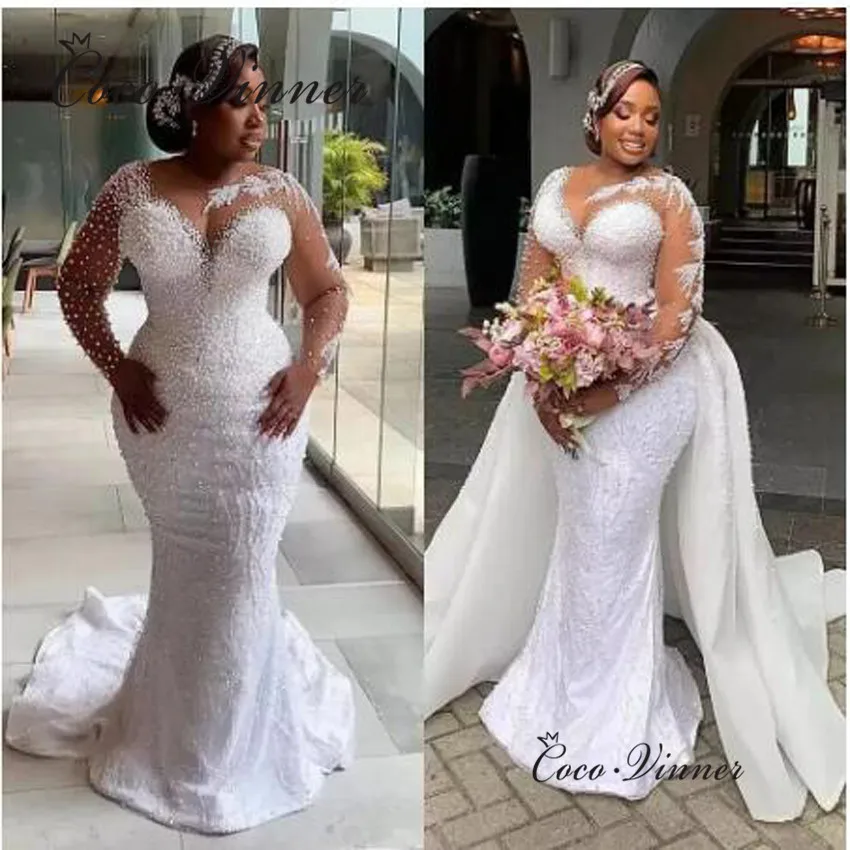 Perle personalizzate che bordano l'abito da sposa 2 IN 1 treno staccabile con lacci Abiti da sposa a sirena di lusso taglie forti W1040
