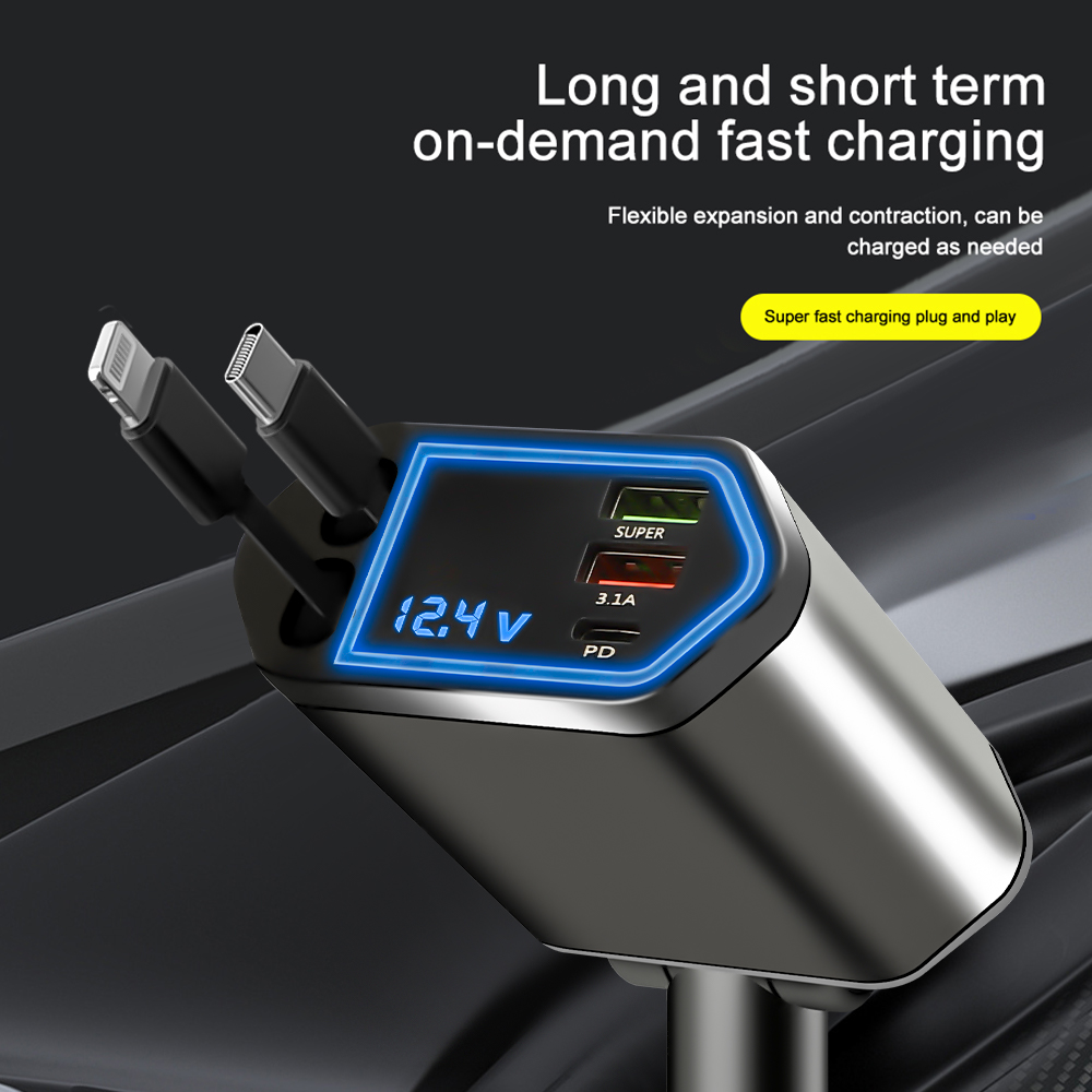 120W autolader 4-in-1 snellaadadapter met intrekbare kabel USB Type C-poorten Telefoonoplader voor IPhone Samsung Huawei
