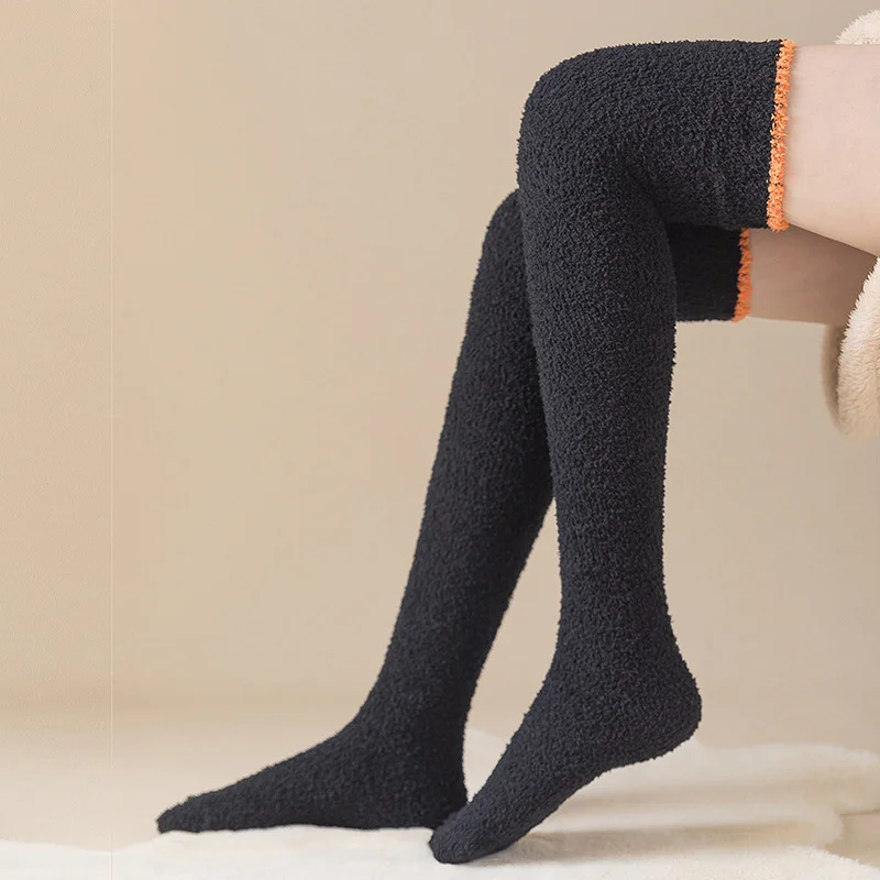 1 par feminino quente de pelúcia coxa meias altas inverno coral velo sobre o joelho meias longas para casa sono ue 35-40 cores sólidas