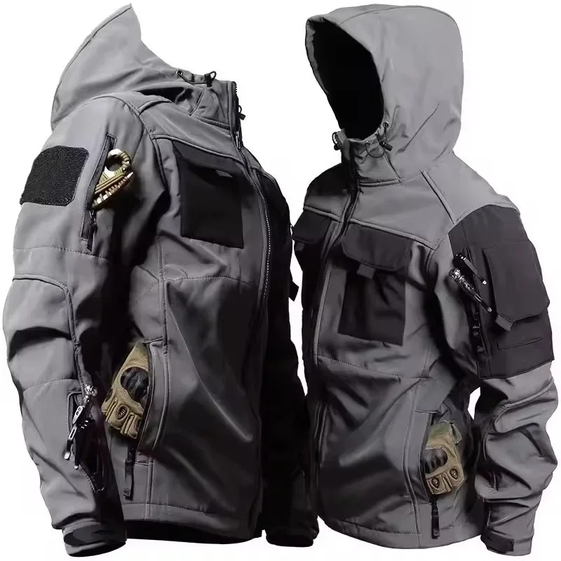 Novo outono inverno jaquetas táticas dos homens militar casca macia impermeável à prova de vento com capuz jaqueta ao ar livre funcional multi-bolsos