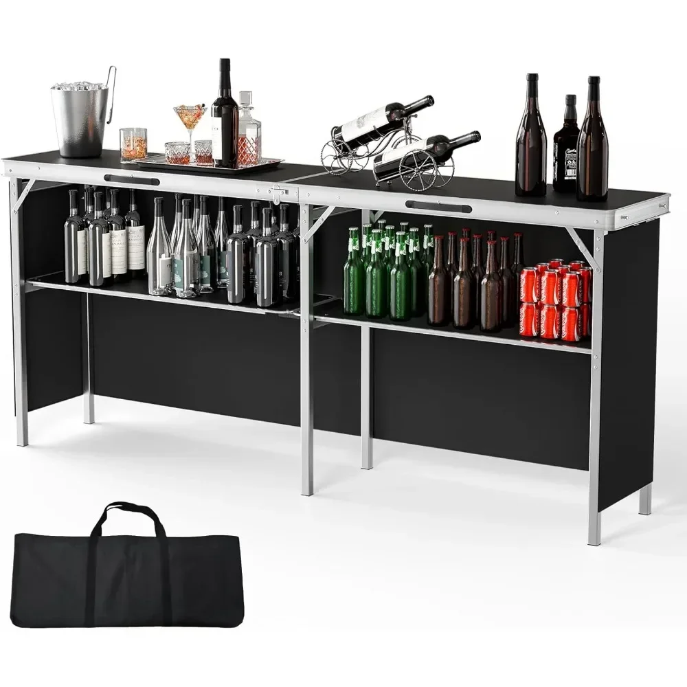 Portable Bar Table, 3-Tier Shelves, Mobile Bar Table for Events, Party, Camping, Picnic, Tradeshow, Indoor with Black Skirt