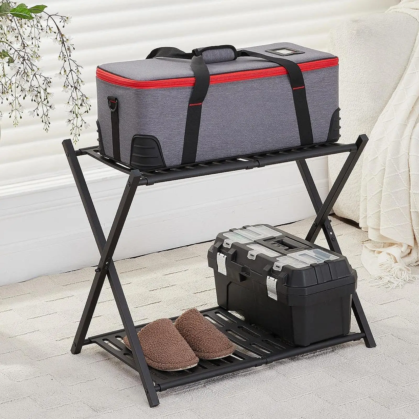 Rack de bagagem de metal para quarto de hóspedes, dobrável, leve, economizador de espaço, organizador, prateleira, mala, suporte para sala de estar, decoração de casa