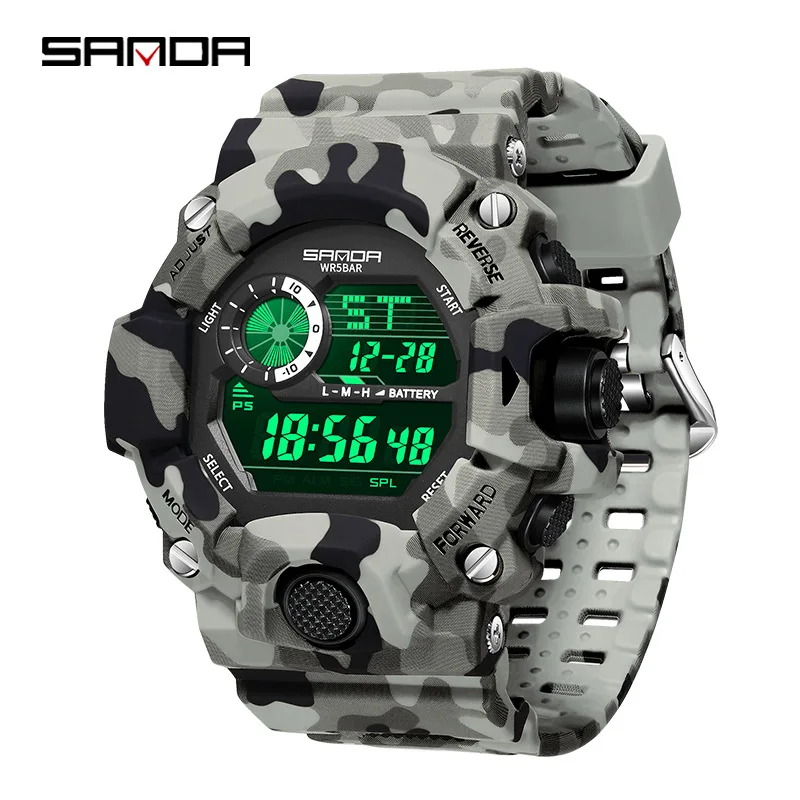 SANDA 2183 Reloj electrónico Moda Camuflaje militar Impermeable Deportes al aire libre Pantalla digital Relojes de pulsera con correa de silicona para hombres